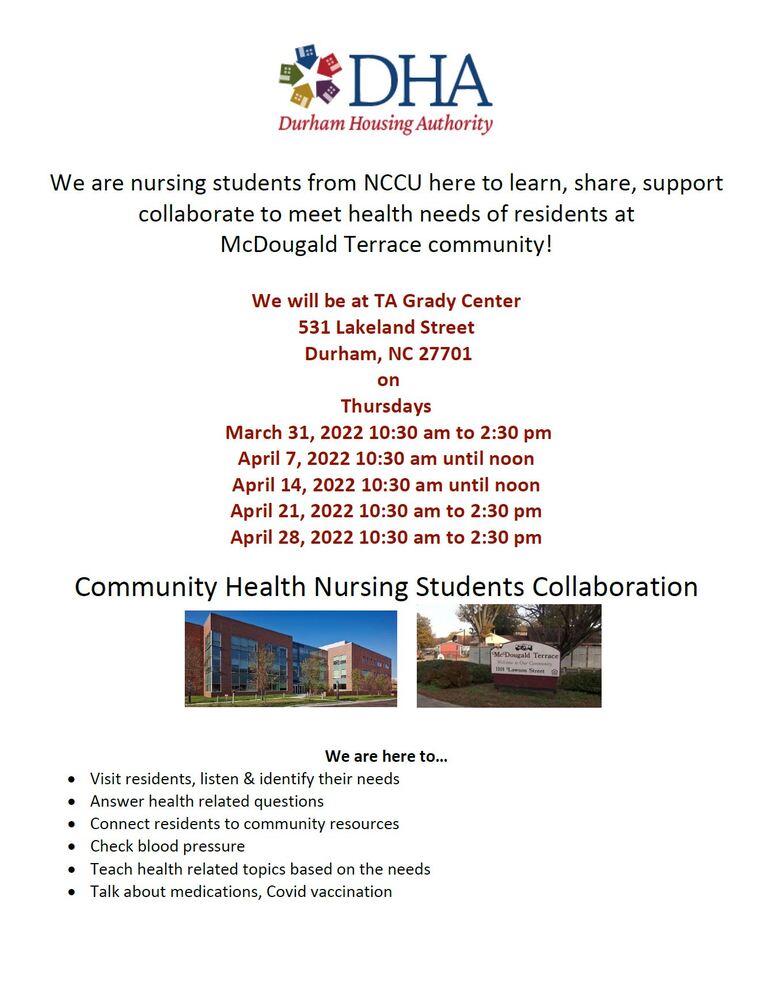 NCCU Nursing Students at TA Grady Center flyer (all info from flyer below)