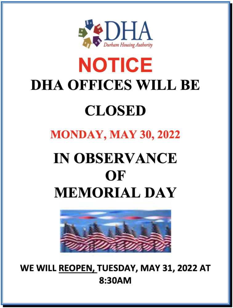 DHA offices closed in observance of Memorial Day Flyer – all content as listed above.
