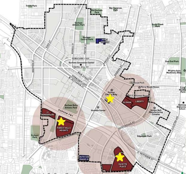 Context map for Durham's downtown area. All information is as listed above.  