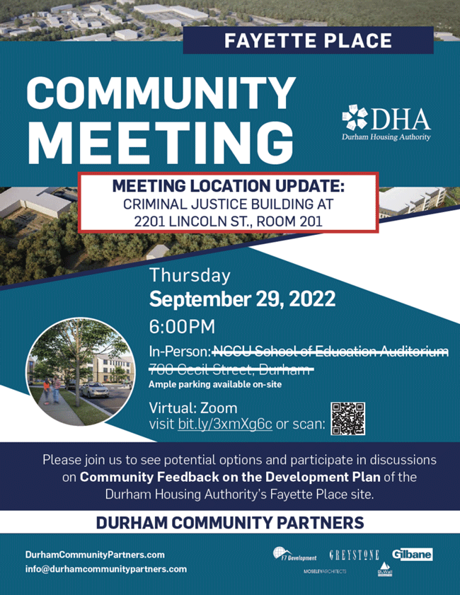 Fayette Place Community Meeting Flyer, all information as listed below.
