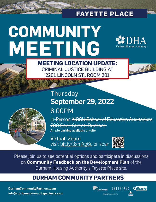 Fayette Place Community Meeting Flyer, all information as listed below.