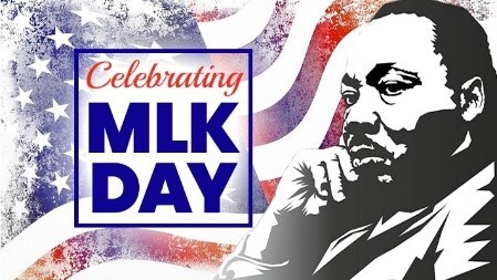Illustration of Martin Luther King thinking with an  American Flag in the background Celebrating MLK Day words on top