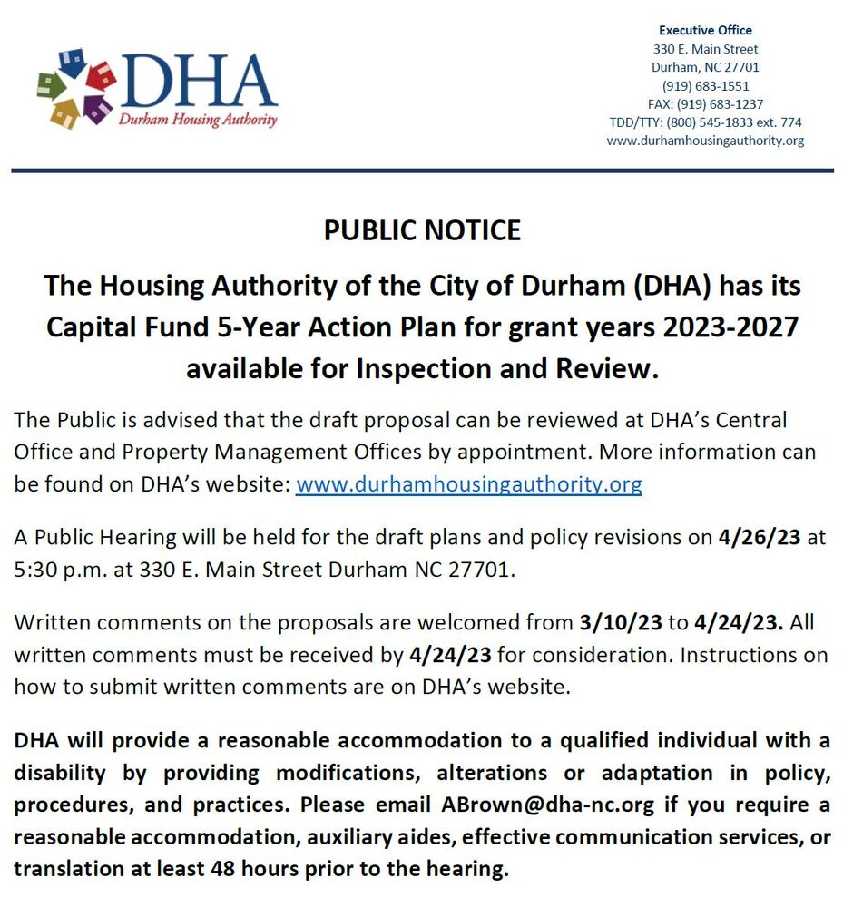 Public Notice Flyer for Capital Fund 5-Year Action Plan, all flyer text below flyer
