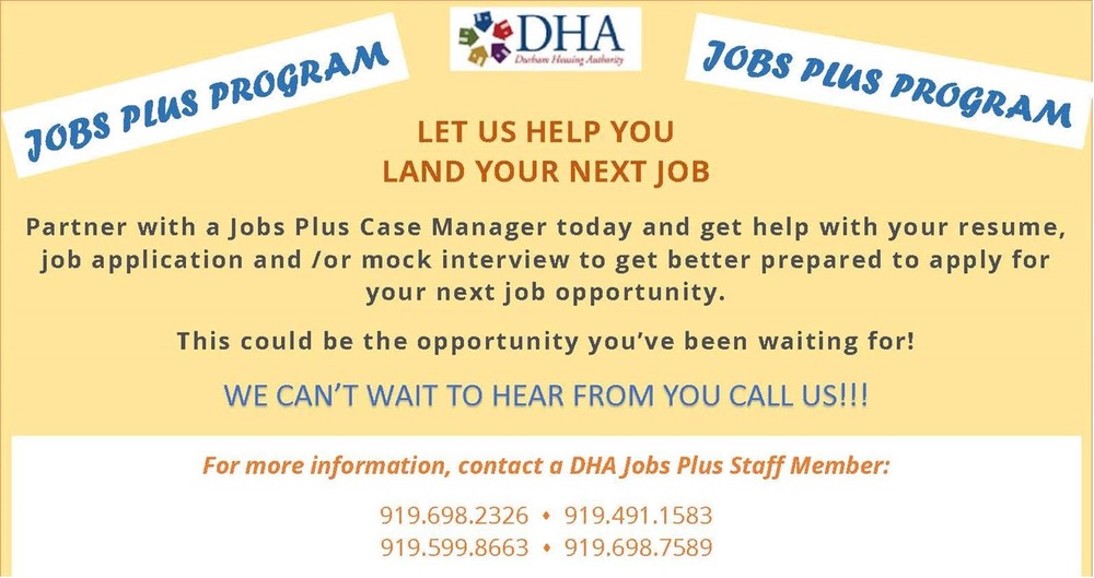 Durham Housing Authority Jobs Plus Program flyer, all information provided below.