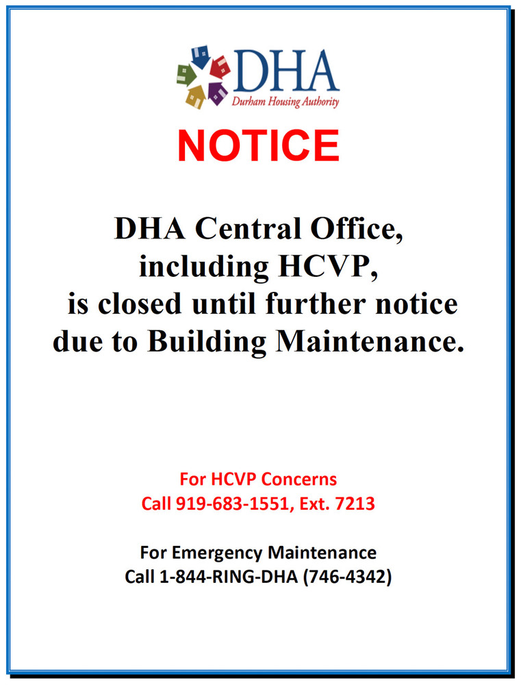 DHA Central Office is Closed flyer, all information as listed below.