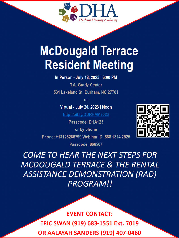 McDougald Terrace Resident Meeting flyer, all information as listed below.