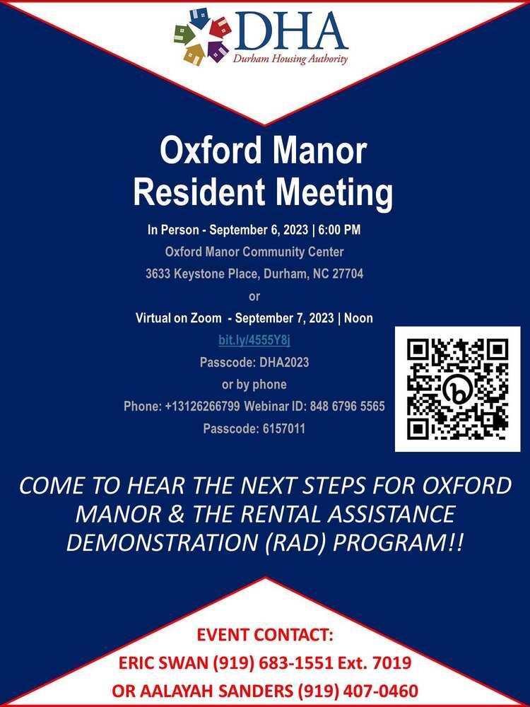 Oxford Manor - Resident Meeting Flyer, all information as listed below.