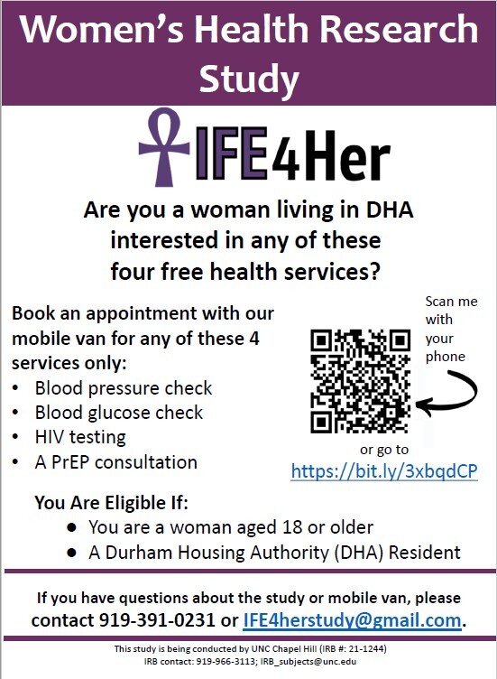 Women's Health Research Study flyer with all info listed below. 
