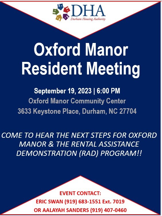 Oxford Manor Resident Meeting Flyer with all information listed below.