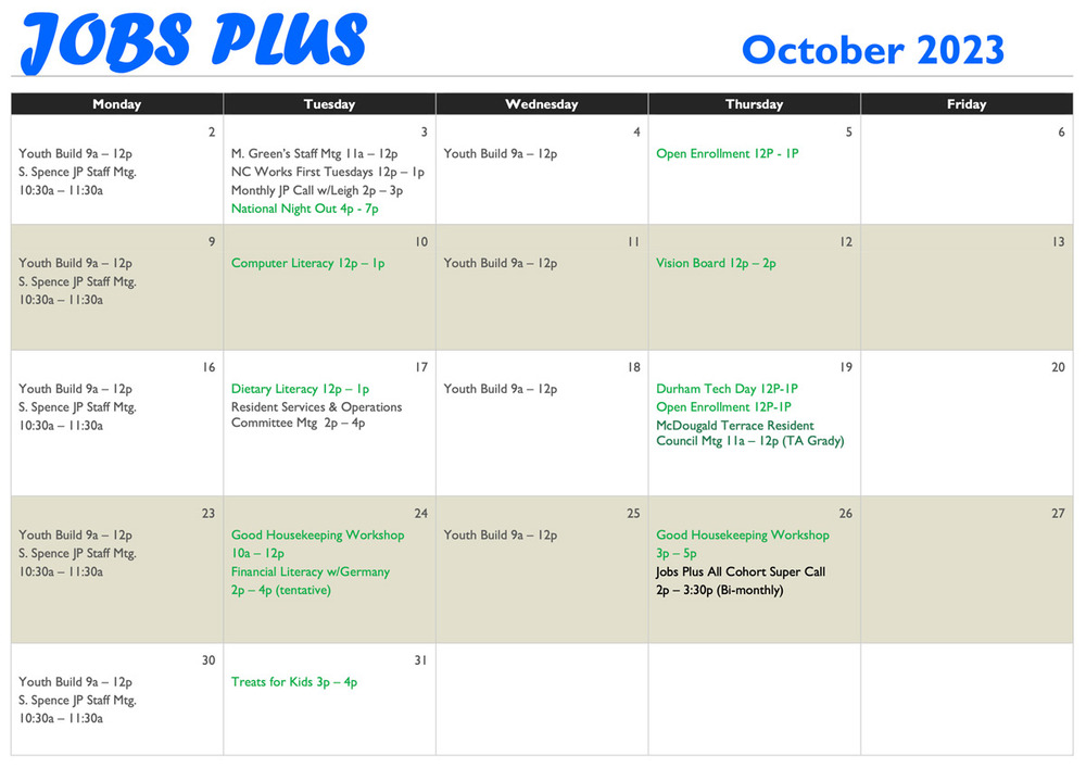 Jobs Plus October 2023 calendar, all information listed below.