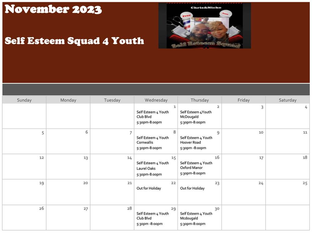 Self-Esteem 4 Youth November 2023 Calendar, all information as listed below.