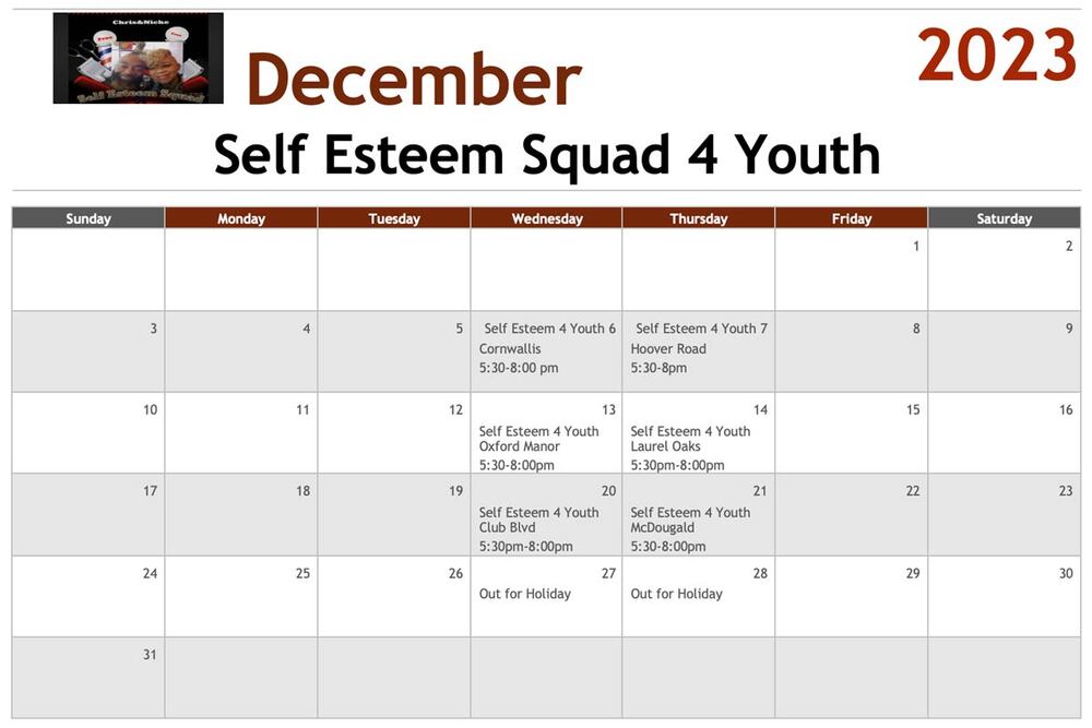 December 2023 Self Esteem Squad 4 Youth Calendar, all information as listed below.