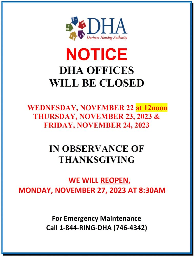 DHA Office is Closed for Thanksgiving flyer, all information as listed below.