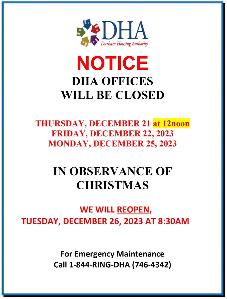 DHA Office is Closed for Christmas flyer, all information as listed below.