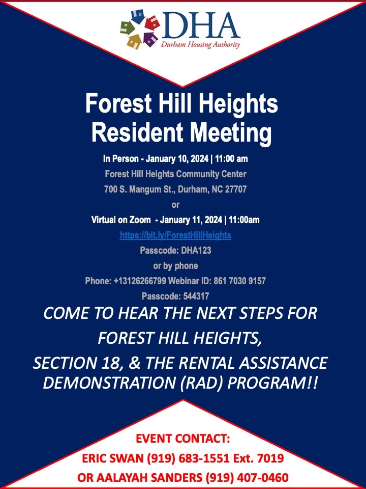 January 10th Forest Hill Heights Resident Meeting flyer, all information as listed below.