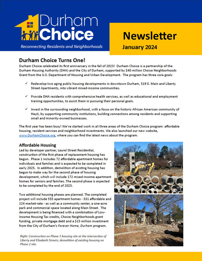 First page of the January 2024 Durham Choice Newsletter, please click here for the full newsletter information.
