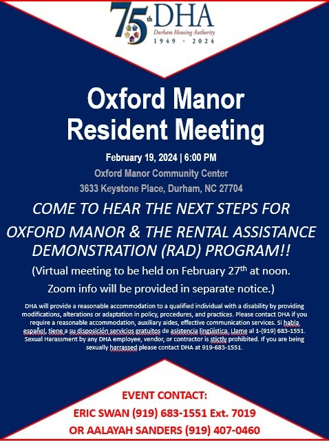 Oxford Manor Resident Meeting Flyer. All information on this flyer is listed below.