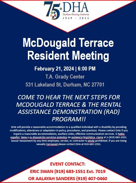 McDougald Terrace Resident Meeting Flyer. All information on this flyer is listed below.