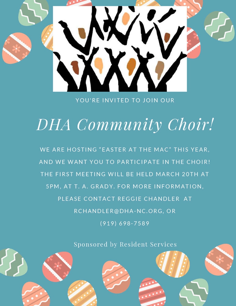 DHA Easter Choir Flyer, all information as listed below.