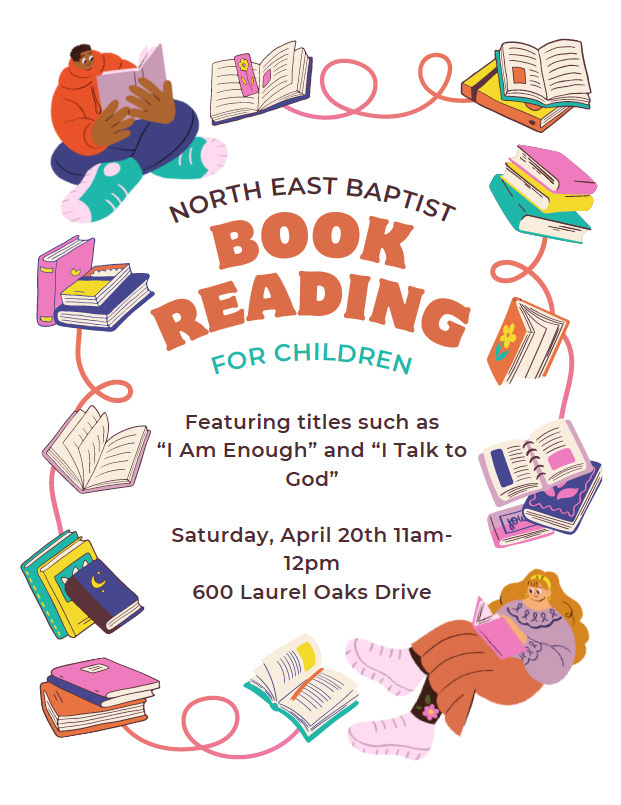 North East Baptist Book Reading for Children flyer, all information as listed below.