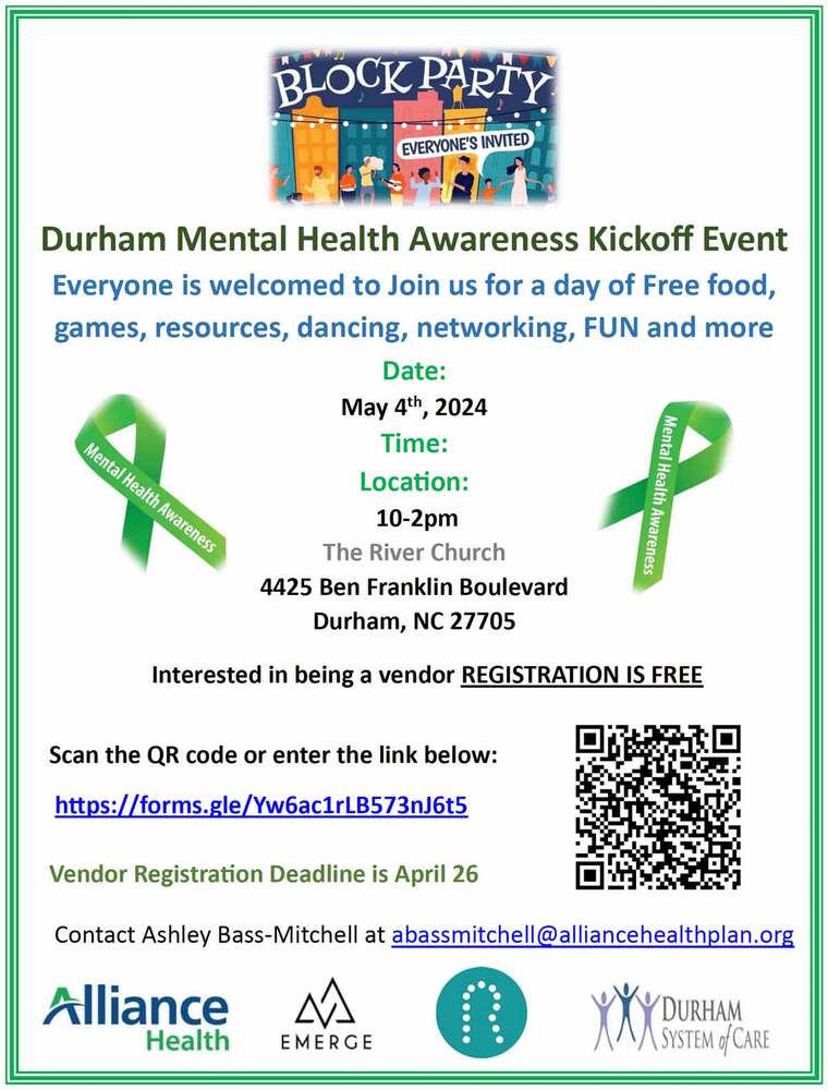 Durham Mental Health Awareness Kickoff Event flyer, all information as listed below.