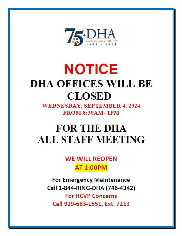 DHA Staff Meeting Sept. 4 Notice, all information as listed below.