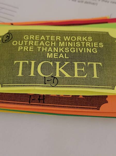 Greater Works Outreach Ministries pre Thanksgiving meal tickets
