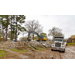 An Excavator digging in the dirt with a truck next to it