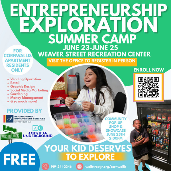 Entreprenuership Exploration Summer Camp flyer, all information captioned below.