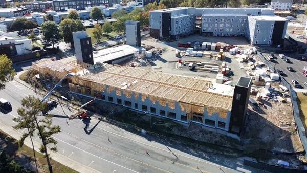An aerial view of the construction in progress.