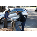  Two men work on putting leaves into black bags. 